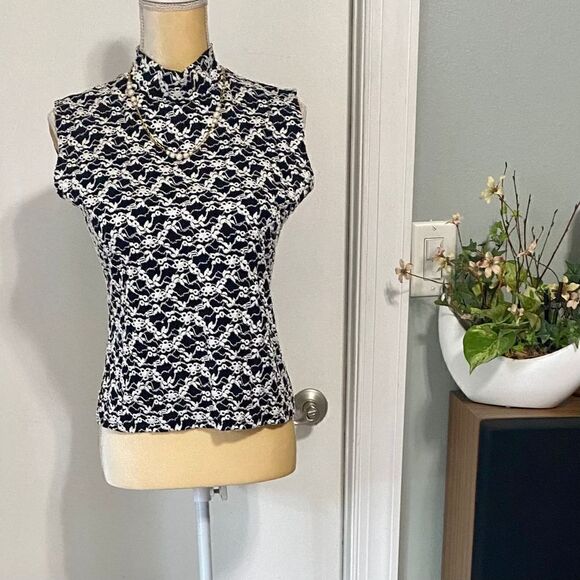 NICOLA Black White M/L Sleeveless Embroidered Look Mock Neck Top Y2K - Picture 6 of 9